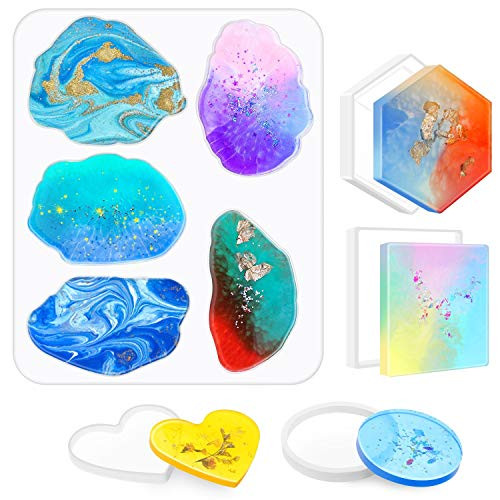 Coaster Molds for Resin Casting  Audab 5 Pack Resin Silicone Coaster Molds Geode Agate Epoxy Coaster Molds for Making Coasters  Crafting