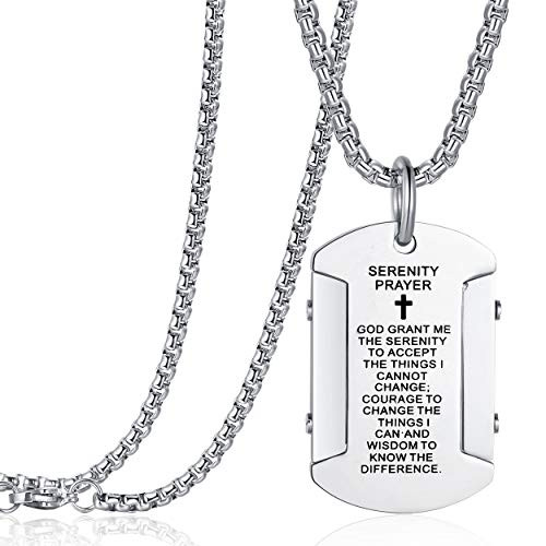 Men s Stainless Steel Dog Tag Bible Verse Serenity Prayer Cross Pendant Necklace for Boys Men Women 24 Inch Chain Silver