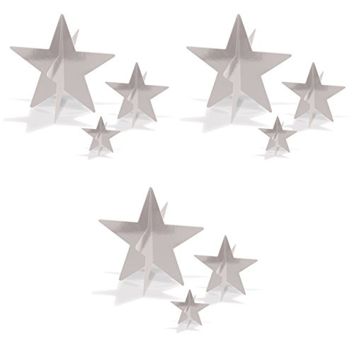 Beistle 52148-S, 9 Piece 3-D Foil Star Centerpieces, 3" - 8" (Silver)
