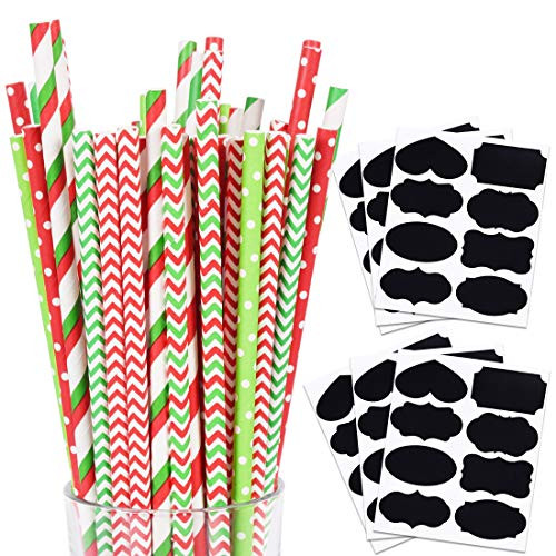 Christmas Paper Straws Bulk Biodegradable Disposable Drinking Red White Green Striped Dot for Party Supplies  200PCS Straws and 6PCS Stickers