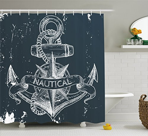 Ambesonne Marine Shower Curtain, Nautical Knot Compass Anchor Pattern Sea World Ocean Life Grunge Illustration, Fabric Bathroom Decor Set with Hooks, 75 Inches Long, Dark Blue White