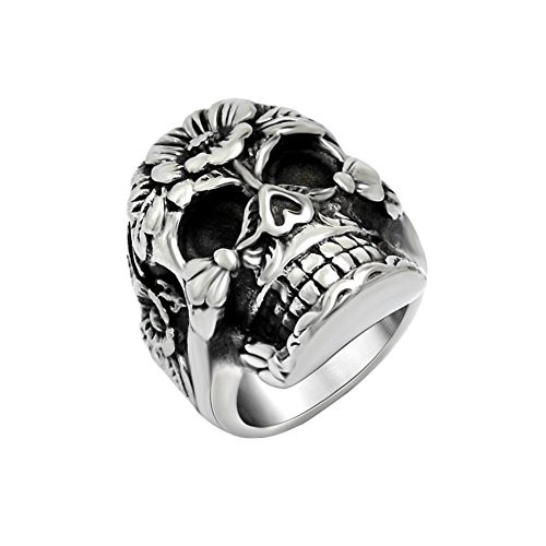 FANSING Mens Punk Biker Rings  Sugar Skull Ring Skeleton  Stainless Steel  Casting Black  Size 11