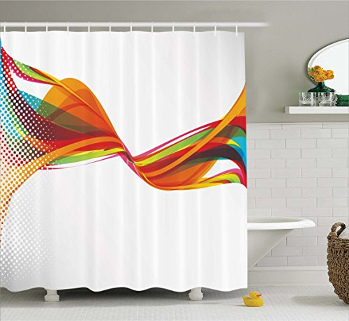 Ambesonne Abstract Shower Curtain, Rainbow Curved Wave Smoke like Image with Pixel Style Detailed Work of Art Print, Fabric Bathroom Decor Set with Hooks, 75 Inches Long, Multicolor