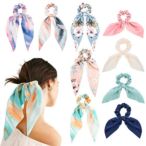 Hair Scarf Scrunchies for Hair Tie  Ombre Chiffon Hair Scarf and Floral Silk Hair Scrunchie Hair Ties No Crease Dye Bow Scrunchies Ponytail Holder for Women Girls