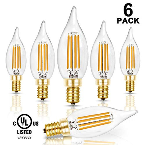 Hizashi 90  CRI Dimmable LED Candelabra Bulb Flame Tip 40W Equivalent E12 Filament Candle Bulbs 4W  450 Lumens  2700K Warm White CA10 LED Chandelier Light Bulbs  UL Listed   6 Pack