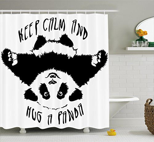 Ambesonne Black and White Shower Curtain, Funny Animal Mascot Keep Calm and Hug a Panda Motivational Quote, Fabric Bathroom Decor Set with Hooks, 75 Inches Long, Black White