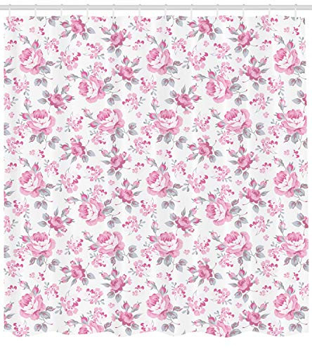 Ambesonne Shabby Chic Decor Shower Curtain, Pink Roses with Grey Leaves Bedding Plants Spring Blossoms, Fabric Bathroom Decor Set with Hooks, 75 Inches Long, Light Pink White Grey