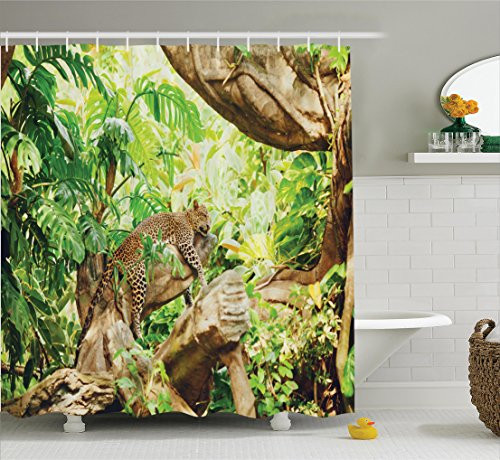 Ambesonne Safari Decor Shower Curtain Set, Leopard On The Branch in Savanna Exotic Macro Tropical Leaf Jungle Wild Nature Art Photo, Bathroom Accessories, 75 Inches Long, Brown Green