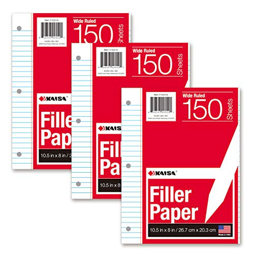 Kaisa loose Leaf Paper Filler Paper 150 Sheets 8 x10 5  Wide Ruled  3 Hole Punched for 3 Ring Binders 3Pack