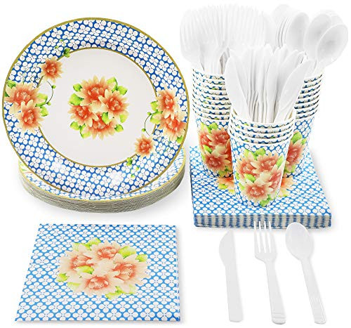 Shabby Chic Floral Party Bundle  Includes Plates  Napkins  Cups  and Cutlery  Serves 24  144 Total Pieces
