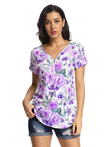 Womens Zip up Loose Fitting V Neck Short Sleeve Tops Casual Tunic T Shirts Blouse Purple Tag XL