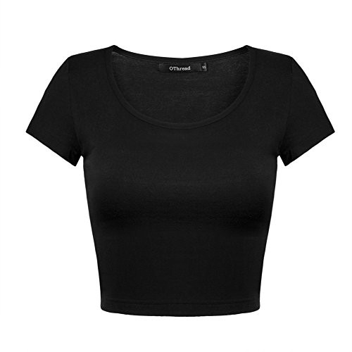 OThread   Co  Women s Basic Crop Tops Stretchy Casual Scoop Neck Cap Sleeve Shirt  Small  Black