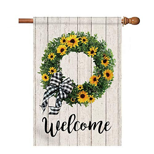 Bonsai Tree Sunflower House Flag 28 x 40 Inch  Large Double Sided Premium Burlap Welcome Sunflower Yard Flag for Seasonal Outdoor Decoration