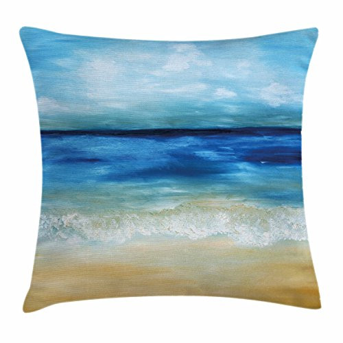 Ambesonne Art Throw Pillow Cushion Cover, Tropical Sandy Beach Pure Waves Tranquil Ocean under Clouds Summer Scenery, Decorative Square Accent Pillow Case, 20 X 20 Inches, Navy Blue Light Brown