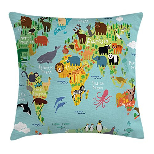 Wanderlust Throw Pillow Cushion Cover by Ambesonne, Animal Map of the World for Children and Kids Cartoon Mountains Forests, Decorative Square Accent Pillow Case, 20 X 20 Inches, Aqua Blue and White