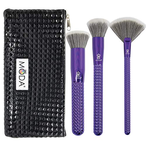 MODA Full Size Metallic Blended Beauty 4pc Makeup Brush Set with Pouch  Includes   Blender  Buffer  and Fan Brushes Metallic Purple