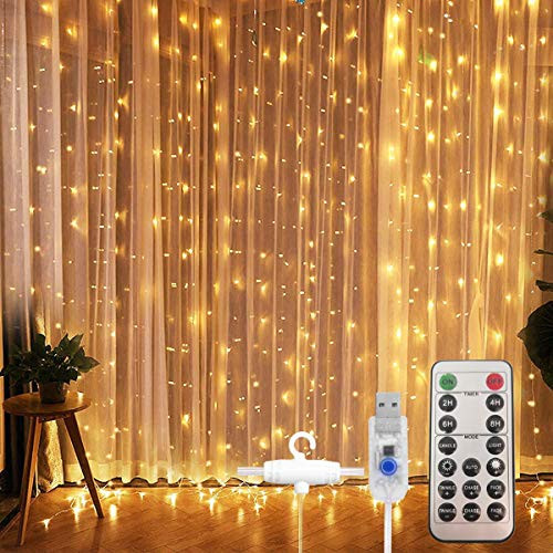 Window Curtain String Light USB Powered 300 LED 8 Lighting Modes Fairy Lights with Remote for Bedroom Party Wedding Home Garden Christmas IP65 Water Proof  9 8ft X 9 8ft  Warm White