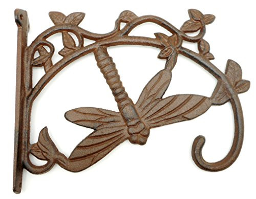 Large Cast Iron Dragonfly Plant Hanger Hook, Rustic Brown Bracket Style Hanging Plant Hook