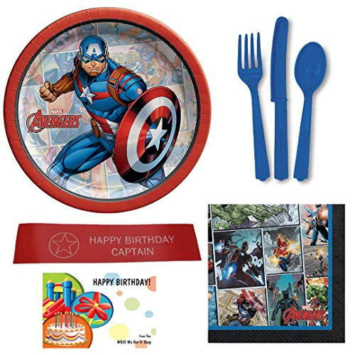 Captain America Birthday Party Supplies Bundle Including Plates  Napkins  Utensils  and Bonus Printed Ribbon