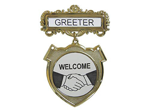 Badge Greeter Welcome Pin Back Shield Brass