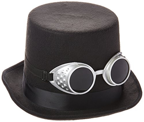 Steampunk Black Top Hat with Silver Goggles  Black  Size Standard