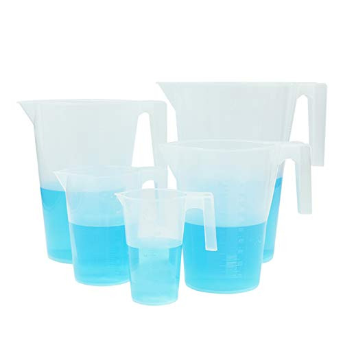 ULAB Scientific Half Handle Plastic Measuring Beaker Set  Stackable 5 Sizes 250ml 500ml 1000ml 2000ml 3000ml  with Spout and Molded Graduation  UBP1004