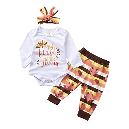 Newborn Infant Baby Boy Girl Toddler Clothes First Thanksgiving Outfit Rompers Pants Hat Headband Outfits 4pcs Set  White 2  0 6 Months