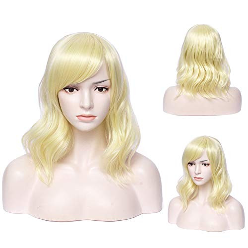 Short Blonde Curly Wig for Women and Girls Winshope Costume Hair Wigs with Bang Natural Real Heat Resistant Synthetic Wig for Halloween Cosplay Party  Include Wig Cap