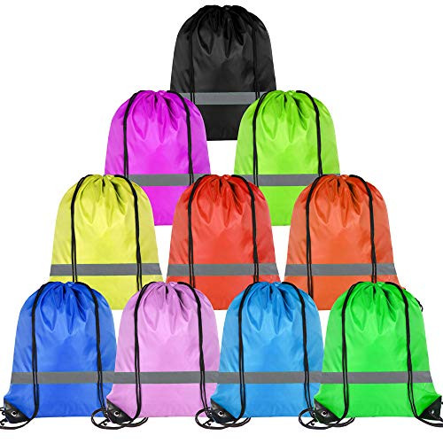 PROLOSO Drawstring Bags Reflective Sports Gym Backpack Pull String Backpacks Cinch Tote Bag 10 Pcs