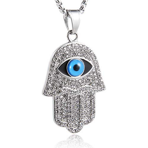 HZMAN 18k Gold Plated Iced Out CZ Stainless Steel Blue Evil Eye Beads Fatima Hamsa Hand Pendant Necklace  Silver