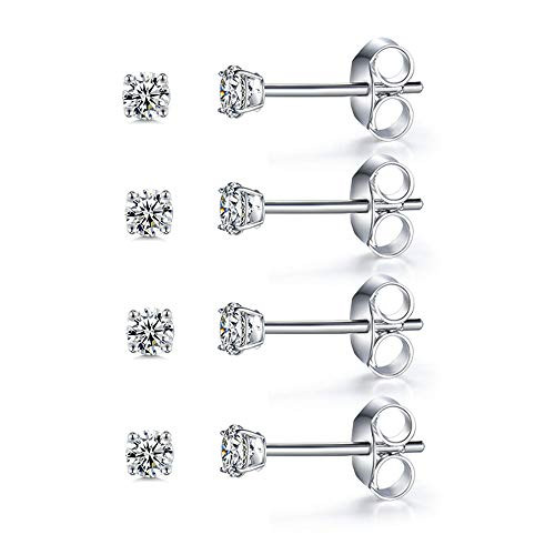 4 Pairs Sterling Silver 3mm Stud Earrings Set Hypoallergenic 14K White Gold Plated Round Cut Cubic Zirconia CZ Simulated Diamond Cartilage Studs for Girls Women