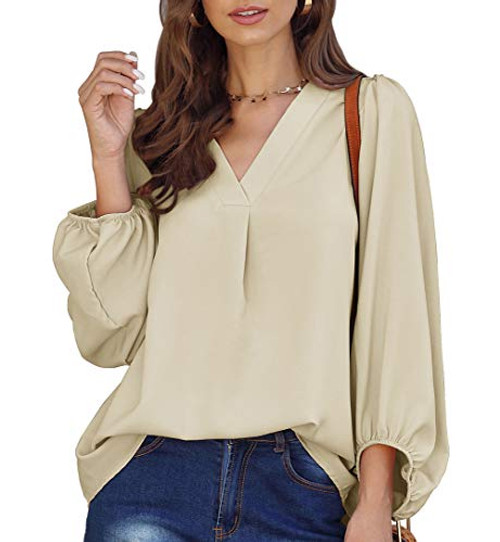 Angerella Womens Cute Tops Long Sleeve Loose Casual Shirt Workout V Neck Blouses Beige M