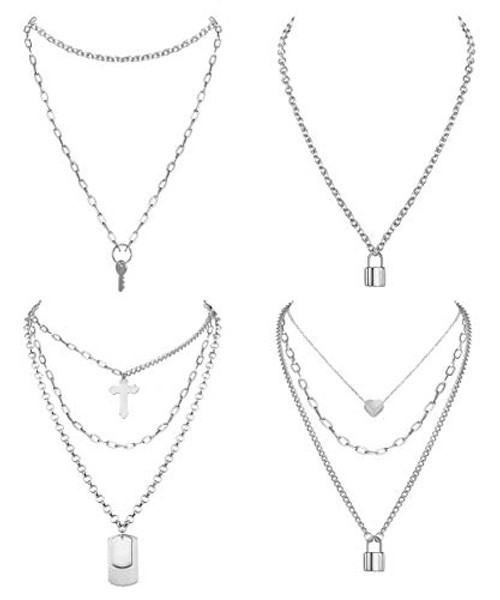 SAILIMUE 4 Pcs Layered Necklace Set Lock Key Cross Heart Pendant Necklace Long Chain Punk Silver Y Necklace Lock Pendant Multilayer Choker Necklaces for Women Men SAILIMUE 4 Pcs Layered Necklace Set Lock Key Cross Heart Pendant Necklace Long Chain Punk Silver Y Necklace Lock Pendant Multilayer Choker Necklaces for Women Men