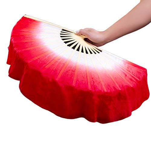 Nimiman Ladies Silk 1 Pair New Belly Dancing Silk Bamboo Veils Hand Fan Veil Gradient Color  White red