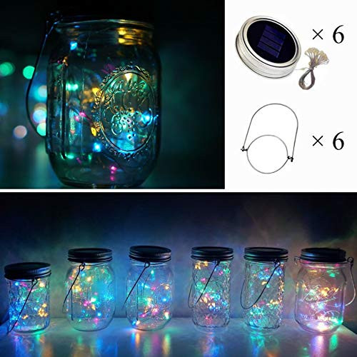 Cynzia Solar Mason Jar Lights, 6 Pack 20 LED Waterproof Fairy Star Firefly String Lights with 6 Hangers (Jar Not Included), for Mason Jar Garden Wedding Christmas Party Decor?4 Colors?