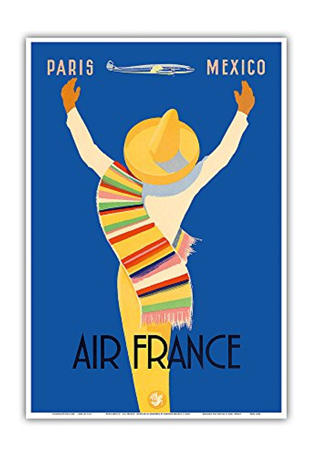 Pacifica Island Art Paris Mexico - France - Native Mexican in Sombrero and Poncho - Vintage Airline Travel Poster by Edmond Maurus c.1950s - Master Art Print - 13in x 19in Pacifica Island Art Paris Mexico - France - Native Mexican in Sombrero and Poncho - Vintage Airline Travel Poster by Edmond Maurus c.1950s - Master Art Print - 13in x 19in