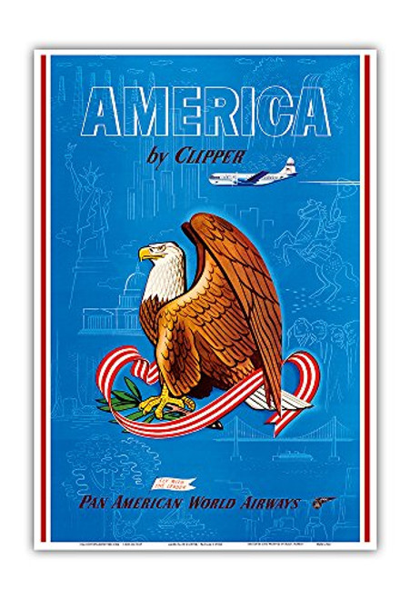 America by Clipper - Pan American World Airways - Fly with the Leader - United States National Bald Eagle - Vintage Airline Travel Poster c.1950s - Master Art Print - 13in x 19in America by Clipper - Pan American World Airways - Fly with the Leader - United States National Bald Eagle - Vintage Airline Travel Poster c.1950s - Master Art Print - 13in x 19in