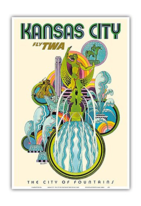 Pacifica Island Art Kansas City - Fly TWA (Trans World Airlines) - The City of Fountains - Vintage Airline Travel Poster by David Klein c.1960s - Master Art Print - 13in x 19in Pacifica Island Art Kansas City - Fly TWA (Trans World Airlines) - The City of Fountains - Vintage Airline Travel Poster by David Klein c.1960s - Master Art Print - 13in x 19in