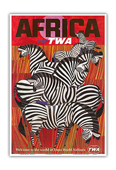 Pacifica Island Art Africa - Trans World Airlines Fly TWA - Zebras - Vintage Airline Travel Poster by David Klein c.1960s - Master Art Print - 13in x 19in Pacifica Island Art Africa - Trans World Airlines Fly TWA - Zebras - Vintage Airline Travel Poster by David Klein c.1960s - Master Art Print - 13in x 19in