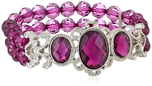 1928 Jewelry  Jeweled Filigree  Silver Tone Amethyst Purple Beaded Stretch Bracelet