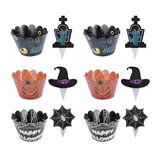 KESYOO 72Pcs Halloween Theme Cake Decoration Eyes Pumpkin Spider Web Cupcake Wrappers and Tombstone Witch Hat Toppers Party Supplies