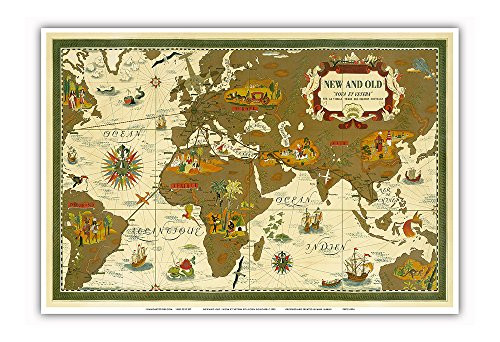 Pacifica Island Art New and Old - Nova Et Vetera (The Old and the New) - World Route Map - Planisphere - Vintage Airline Travel Poster by Lucien Boucher c.1939 - Master Art Print - 13in x 19in Pacifica Island Art New and Old - Nova Et Vetera (The Old and the New) - World Route Map - Planisphere - Vintage Airline Travel Poster by Lucien Boucher c.1939 - Master Art Print - 13in x 19in