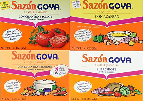Sazon Goya Unique Seasoning Variety 4 Pack Bundle Culantro Y Achiote with Coriander Annatto Con Azafran Coriander and Annatto Sazon Without Annatto and Cilantro Y Tomate Cilantro Tomato Sazon Goya Unique Seasoning Variety 4 Pack Bundle Culantro Y Achiote with Coriander Annatto Con Azafran Coriander and Annatto Sazon Without Annatto and Cilantro Y Tomate Cilantro Tomato