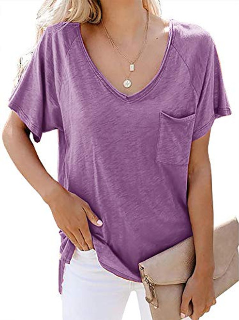 Womens Short Sleeve T Shirt Basic Tee Tops V Neck Loose Summer Shirts with Pocket Side Split Purple Womens Short Sleeve T Shirt Basic Tee Tops V Neck Loose Summer Shirts with Pocket Side Split Purple