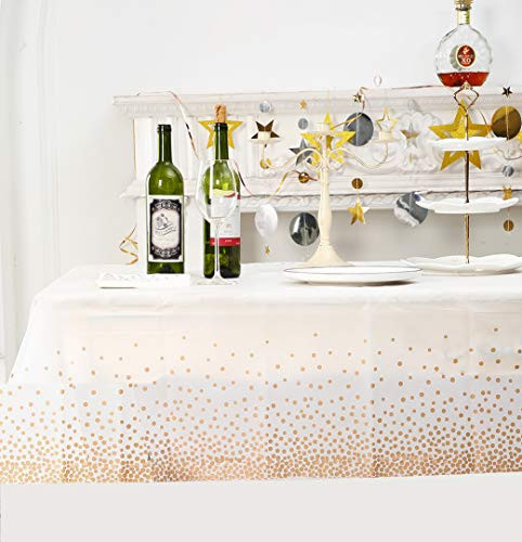 Aemport 6 Piece Plastic Tablecloths for Rectangle Tables Rectangular Table Covers Party Table Cloths Disposable White Tablecloth with Champagne Polka Dot Pattern 54  x 108   Champagne