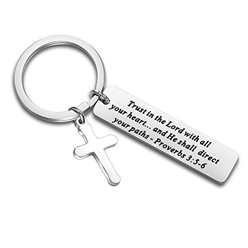 BEKECH Christian Keychain Gifts Trust in The Lord Proverbs 3 5 6 Keychain with Cross Charm Religious jewelry Christian Faith Gift  Silver