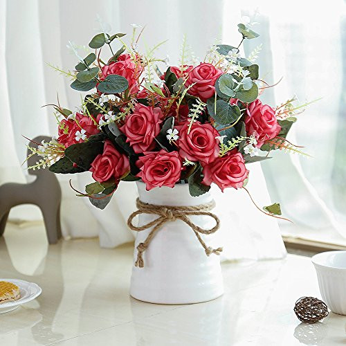 YILIYAJIA Artificial Rose Bouquets with Ceramics Vase Fake Silk Rose Flowers Decoration for Table Home Office Wedding (red)