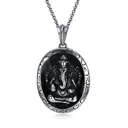 JAJAFOOK Men s Vintage Stainless Steel Ganesha Elephant Hindu God Dog Tag Pendant Necklace  24  Chain
