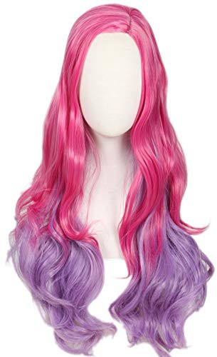 Linfairy Kid Long Wavy Cosplay Audrey Wig Halloween Costume Pink Purple Hair Party Wigs for Child