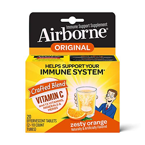 Vitamin C 1000mg   Airborne Zesty Orange Effervescent Tablets  20 count in a box   Gluten Free Immune Support Supplement and High in Antioxidants  Packaging May Vary